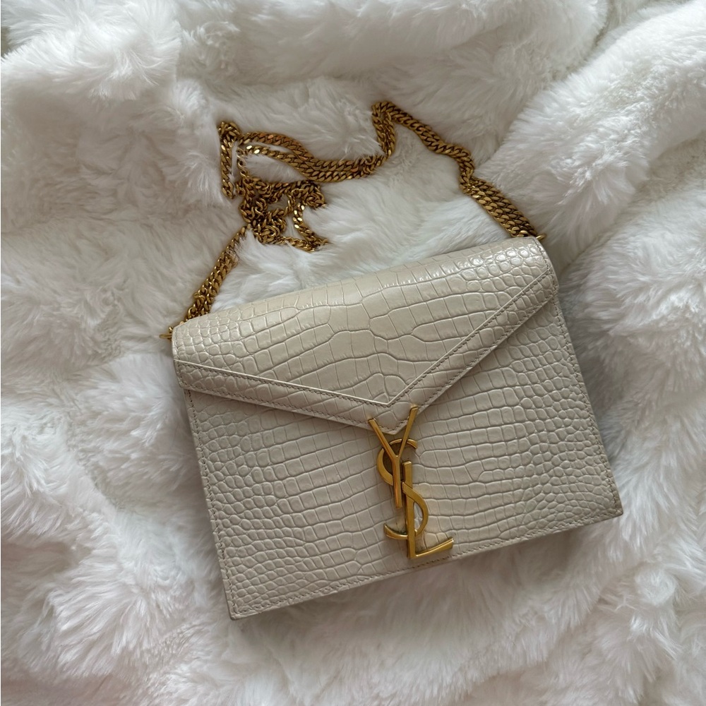 Yves Saint Laurent Cream Croc-Embossed Chain Bag